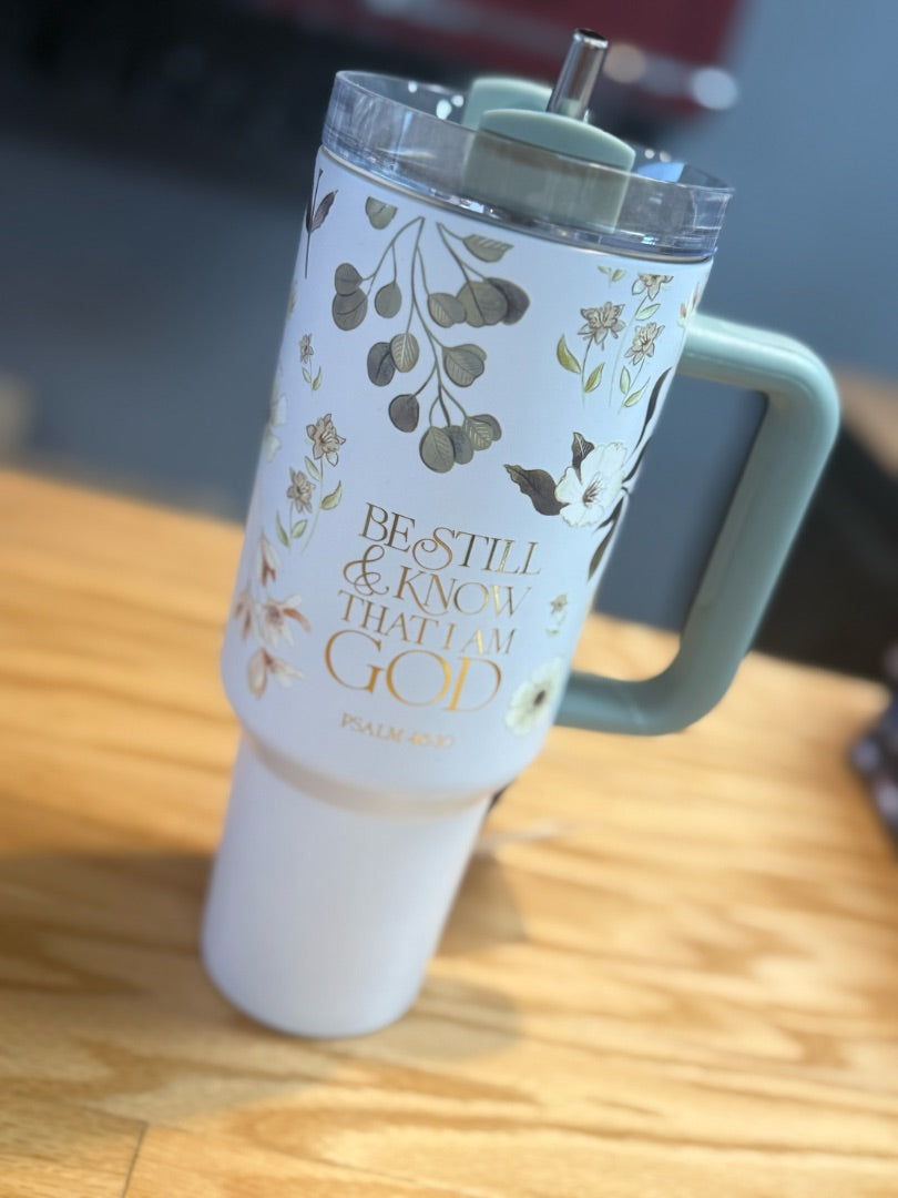 White/Green 40 oz Tumbler-Psalm 46:10