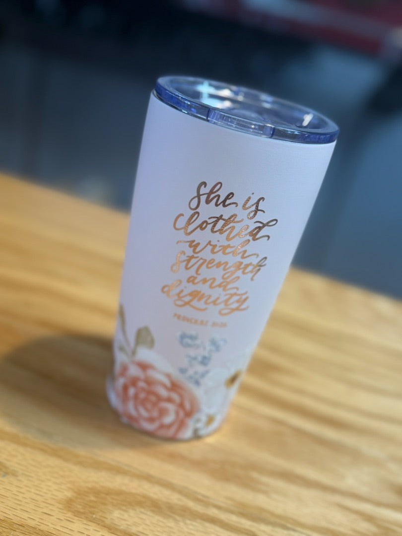 Pink Floral Proverbs 31:25 Tumbler (18 oz)